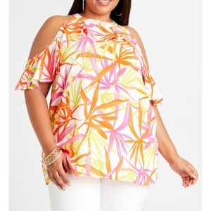 Palm Print Cold Shoulder Blouse